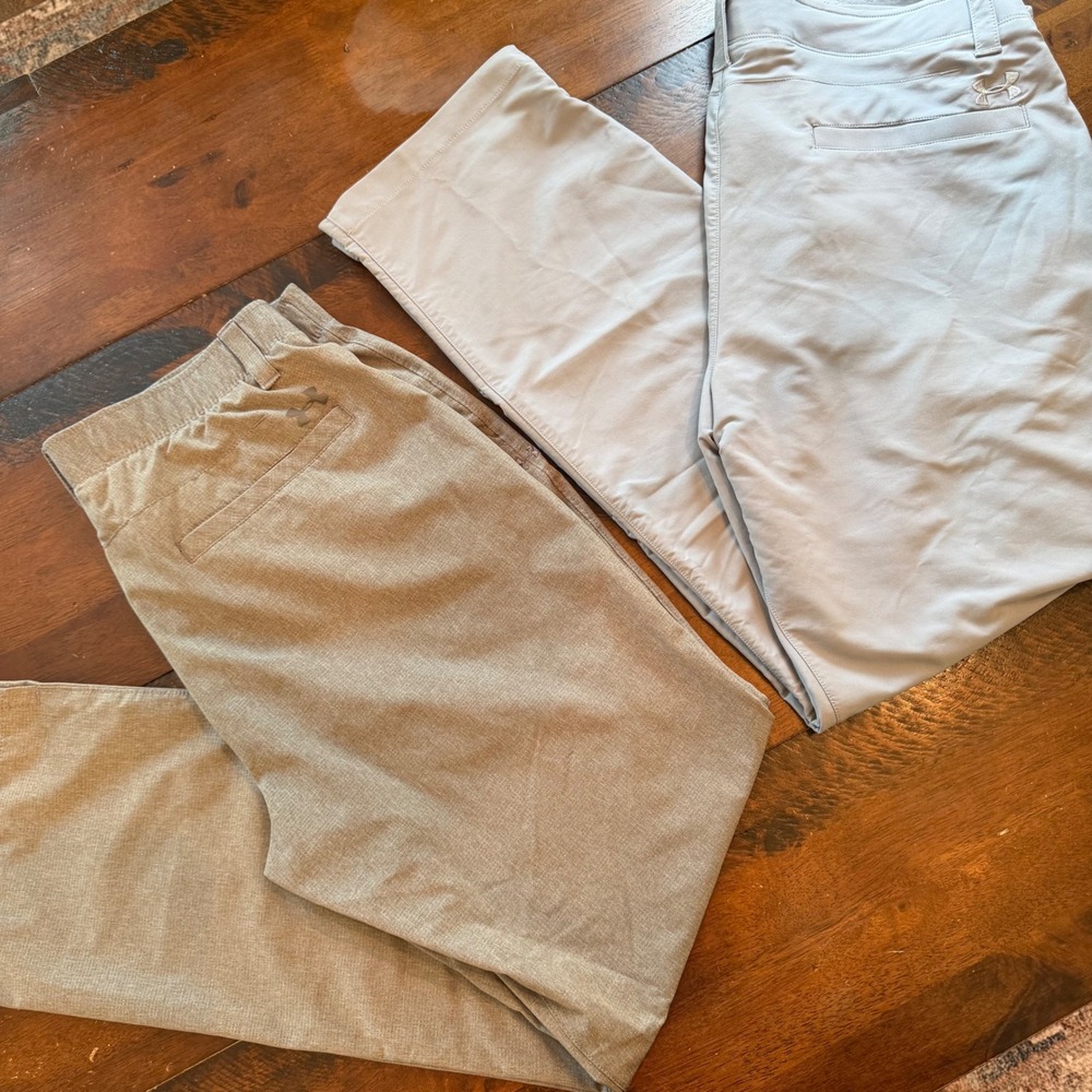 Under Armour Mens Golf Pants Lot 2 Pair Gray Tan Loose Fit 36x32 Performance